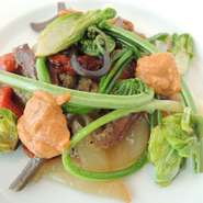 野菜を炭火で香ばしく焦がした“エスカリバダ”という伝統的な冷製サラダに
色々な山菜をプラス。更ににアーモンドソースを添えて。
（なお、春野菜のほか、小鯛や桜マスなど、色々な春の食材メニューがございます）