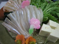 　豊浜漁港で揚がるアナゴです。
酢の物、シャブシャブ、焼、蒸し、刺身、てんぷら、煮つけ等、9品くらいのお料理です。