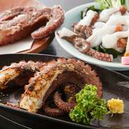 片名、日間賀島のタコを活きたまましゃぶしゃぶ、焼き、唐揚げでどうぞ。