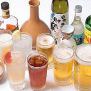 生ビール、焼酎ボトル（眞露、白水、黒胡宝）、酎ハイ・サワー各種、ウイスキー、カクテル、ソフトドリンク