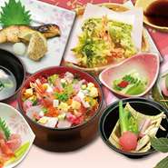 季節の小鉢、バラちらし寿し、日本海の刺身盛、焼物、地魚のうしお汁、旬菜と地魚のちり蒸し、さくらもち