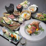 お寿司だけではなく、総合的な和食のお料理をお楽しみいただけます。（写真は8400円の懐石コース）