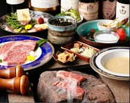 スープ・オードブル盛合せ・イワタ自慢の特選サーロインステーキ7オンス石焼・ライス(白飯又は大葉と入りゴマ刻み海苔をまぶした紫蘇ご飯又はじっくり煮込んだ和牛牛筋カレーからチョイス）orパン・