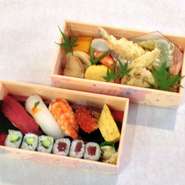上段）季節の天麩羅、炊き合わせ盛り込み
下段）お祝い寿司