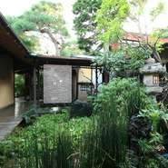 手入れの行き届いた中庭には緑が溢れています。四季を感じられる日本庭園です。渡り廊下を歩いて離れへ。