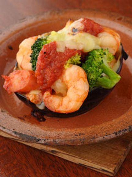 丸茄子とぷりぷり海老のチーズ焼き