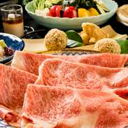 最上級霜降り和牛をかつおベースの「吟だし」でいただきます。
先付　お刺身　霜降り和牛しゃぶしゃぶ　ふぐ唐揚げ
鍋野菜　うどん　ごはん　デザート