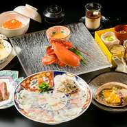 【豪華なお食事会やお祝いなどに最適】
前菜5種（あわび付き）　ふぐ刺し　伊勢海老姿煮椀　サーロインステーキ　あわびステーキ　ふぐ唐揚げ　ふぐサラダ　本まぐろとろ丼　止め椀　デザート
