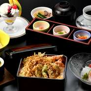 天重・前菜・お造り・酢物・蒸し物・赤出汁・香の物・デザート