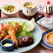 海老フライ、鶏唐揚、ハンバーグ、蟹グラタン・茶碗蒸・御飯・味噌汁・デザート