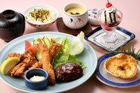 海老フライ、鶏唐揚、ハンバーグ、蟹グラタン・茶碗蒸・御飯・味噌汁・デザート