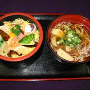 当店で一番人気の味将定食（ちらし、にゅうめん）です。デザートも付いています。
