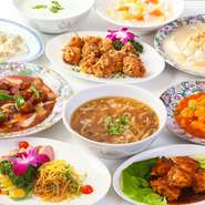 前菜三種盛合せ、フカヒレスープ、若鶏の唐揚げ/大葉と葱風味、カニのブラックビーンズソース、野菜とイカ・ウズラ卵のトマトクリーム煮、特製酢豚、海老のチリソース煮、神戸餃子、中国粥、デザート＝全10品＝