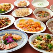 中華スープ、若鶏の唐揚げ/大場と葱風味、特製酢豚、麻婆豆腐、神戸餃子（味噌だれ）、五目あんかけ焼きそば、中国粥、デザート 