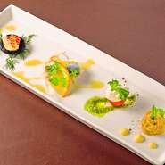 ～ある日のメニュー 一例～■【前菜盛り合わせ】・本日のポタージュ・スモークメカジキのカルパッチョ仕立て・トマト煮込みカポナータ・和牛モモ肉の自家製ハム・黒トリュフ香るフリッタータ・自家製ピクルス