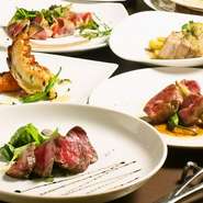 ～ある日のメニュー 一例～・最高級A5ランク黒毛和牛のタリアータ（＋500円）・ラム肩ロース肉のロースト・霧島豚と栗の煮込み　・マグロ中トロと大根のサラダ仕立て・オマール海老とサーモンのロースト