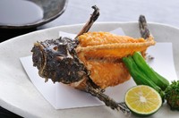 高級魚のオコゼをじっくりと低温の油で揚げているので、パリパリの食感を楽しめます。