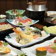 三点前菜　酢の物　刺身　茶碗蒸し　天ぷら　寿し　すき焼き　手打ちそば　香の物　等