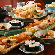 ・小鉢・車海老天ぷら二人盛り・本日のおすすめの上寿司二人盛り・お椀・デザート・コーヒー