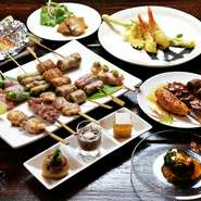 宴会に最適。前菜、一品料理におまかせの『やきとり・巻物』の串が堪能できるおすすめコース。