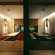 離れのお部屋はシックな雰囲気のお部屋と、お祝い事に最適な明るいお部屋2タイプ、2部屋ずつ、計4部屋。