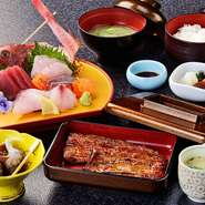 鰻・刺身が付いて豪華なお店の名前の姫沙羅定食