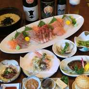 前菜3点盛・小鉢2品・茶碗蒸し・焼魚又は煮魚・揚げ物・刺身盛合せ（大皿60cm）・おじや・漬物