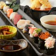 握り、天麩羅盛り合わせ、サラダ、汁、香物※写真はイメージです。