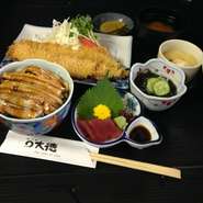 定番メニューになりました。あなごフライ・小鉢・お造り・あなご丼・茶碗蒸し
