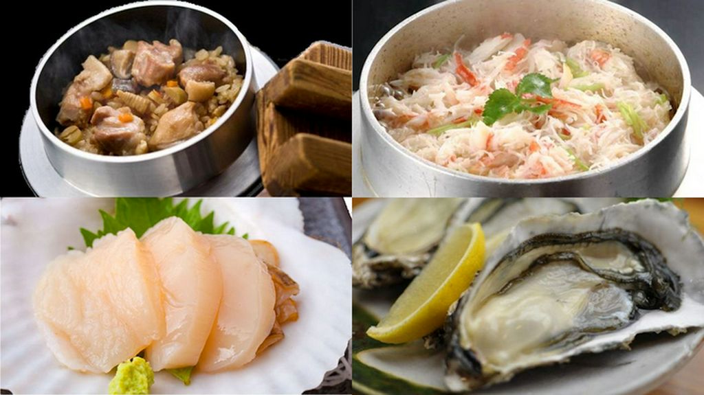 釜飯、牡蠣、ホタテ、鍋