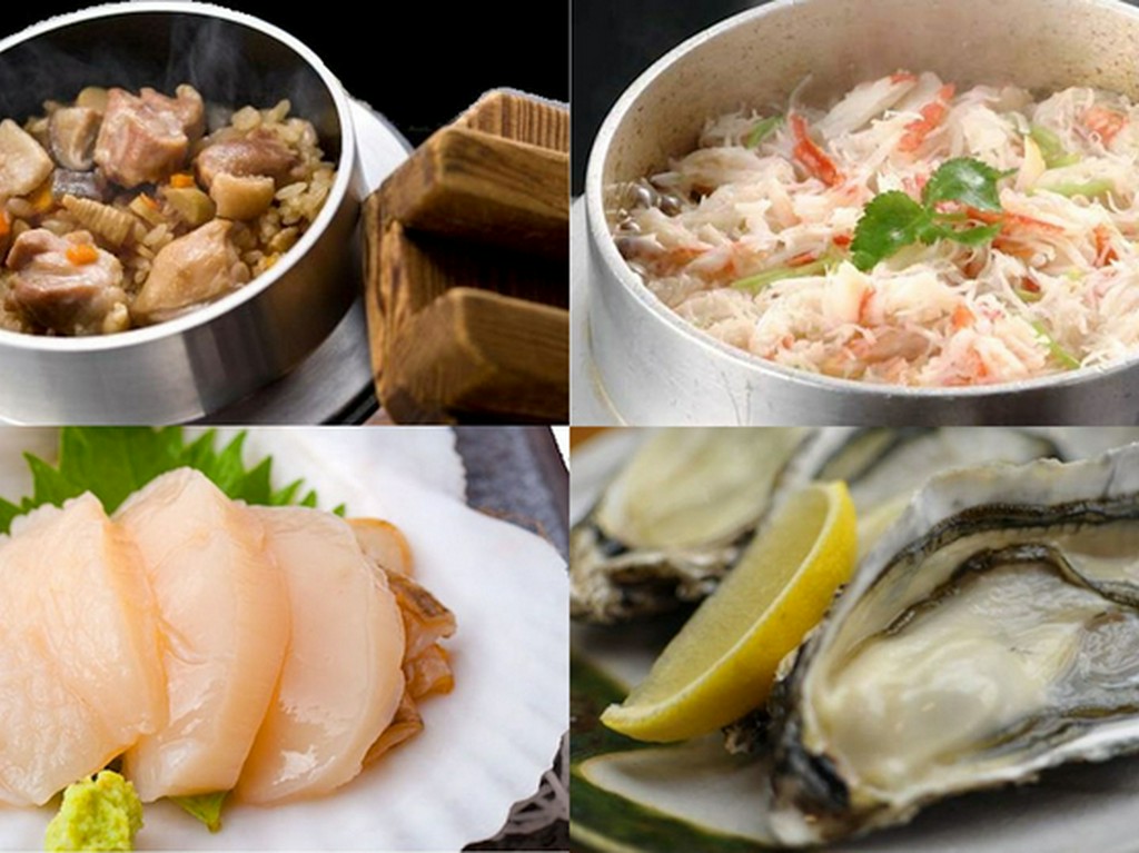 釜飯、牡蠣、ホタテ、鍋
