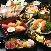 海鮮メインのコース料理です。料理は全て個別皿になっています。10品目料理の〆は人気のミニ海鮮丼で。