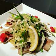 炙り豚三枚肉の塩漬け　～たっぷりネギサラダと一緒に～