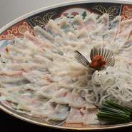 下関や長崎から畜養のふぐを仕入れています。畜養のふぐは、養殖よりも味が良く、1年を通して安定して仕入れられるという利点があります。また、活きたものをさばいた後、さらしで2日寝かせて旨みを凝縮しています。