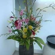 縁空のエントランスは、お花で癒されます。