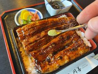 静岡産活鰻使用　大井川地下水で育ち！
じっくりと蒸し揚て焼きあげた蒲焼に、
香り高いピリッとした和歌山の青山椒が👍
只今、活鰻市場が値上がりしているため値上げの変動もございます。