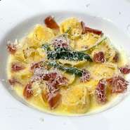 Pear and Gorgonzola Cheese Ravioli "Tortellini" with Prosciutto Butter Sauce