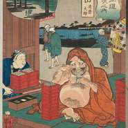 歌川国芳の浮世絵です。 江戸時代の旅人も「堅田屋」でお蕎麦を楽しんでいたかもしれません。