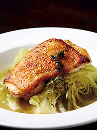 三河赤鶏と春キャベツの軽いむし煮　トリュフの香りで。