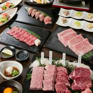 本日の小鉢
厚切り塩タン・タンカルビ・特製塩だれ・レモン
黒毛和牛特上焼肉四品盛り合わせ
和風焼き野菜
季節のサラダ
和牛特上ロースクラシタ焼きしゃぶ　玉子だれ
大トロ炙りのにぎり寿司
本日のデザート