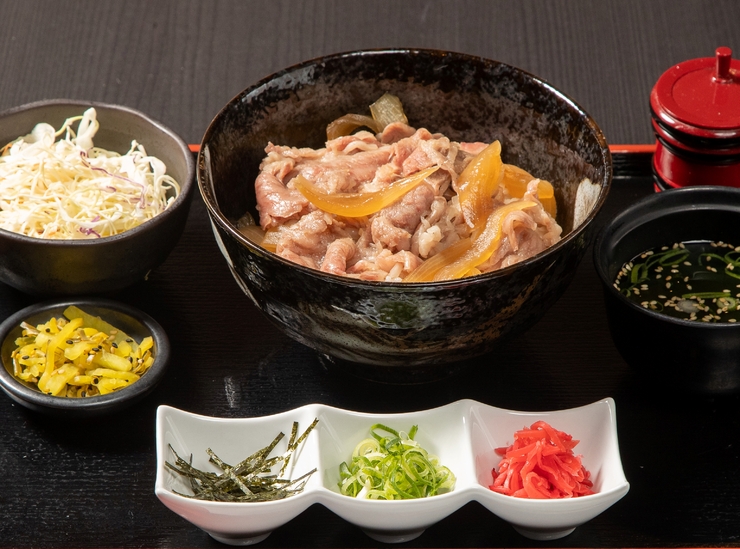 검은 털 일본소 손수 쇠고기 덮밥 (샐러드, 수프, 절임 포함)