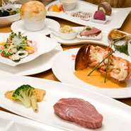 お魚：アワビと海老料理　　お肉：肉ステーキ　前菜2皿　祝い事にピッタリです！　
