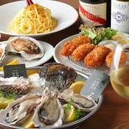 生牡蠣をはじめとした牡蠣料理にぴったりなお酒がワインを中心に充実しています。オイスター女子会や少人数での飲み会に。2名～8名までコースに対応してもらえます。