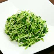 台湾直送の豆苗は、国産より茎も太く歯ごたえがあり、豆の香りも濃厚。他所では食べられない一押しメニュー。