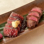 黒毛和牛のもも肉を使用。おろし玉葱ソースや自家製のレモン塩、わさびなど色々な味でお召し上がり下さい。