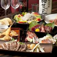 【全席個室　鮮や一夜】では、全国の提携漁港から、毎日送られてくる、獲れたて新鮮な「旬の魚」と、日照時間日本一の神奈川県三浦半島が産んだ「三浦野菜」を、使った料理が味わえます。
