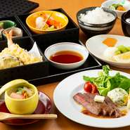 小学校6年生までを対象としたお料理です

◇3段箱
・おさしみ1種
・海老と野菜の天ぷら
・煮物
◇牛ステーキ
◇茶碗蒸し
◇ご飯セット
◇デザート