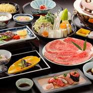 旬菜・ローストビーフ握り寿司・ミニステーキ・すき焼（80g）又はしゃぶしゃぶ（80g）お食事・デザート