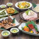 鮮魚の三種盛り合わせ、三元豚のすき焼き、いわい鶏の炭火焼きなど全７品＋≪生ビール含む≫飲み放題付