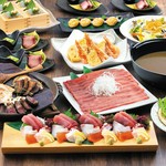 鮮魚の五種盛り、肉三種炭火焼き、牛たんしゃぶしゃぶ、ちらし寿司…全8品＋≪生ビール含む≫飲み放題付　